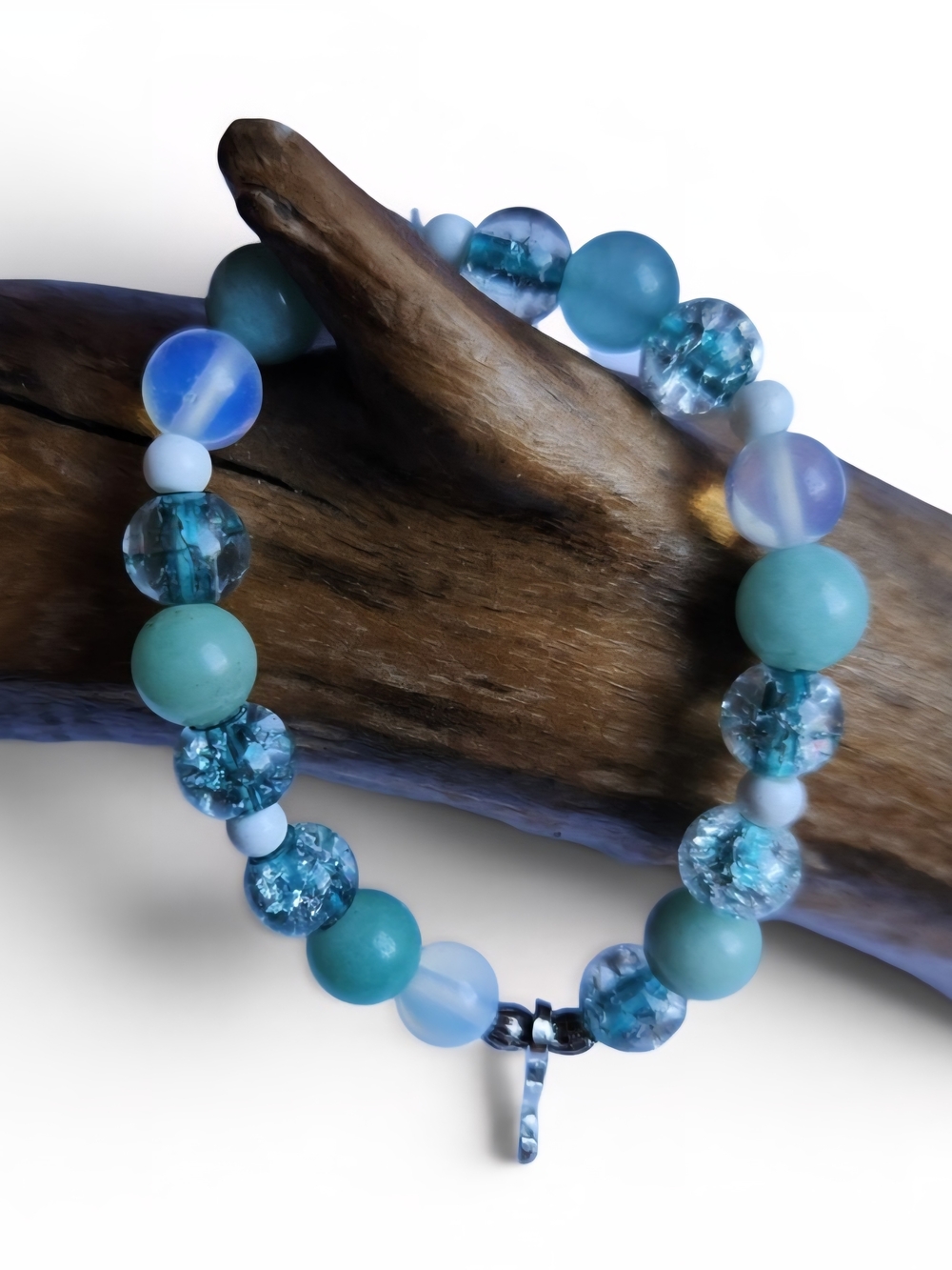 Amazonite And Glass Beaded Stretch Bracelet With Anchor Charm - Aqua and Teal